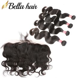brazilian body wave 4 bundles with lace frontal 13x4 human hair frontal virgin hair extensions double weft natural Colour bellahair