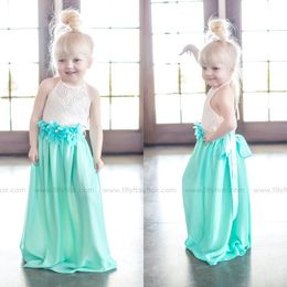 Lovely 2017 Beige Lace Top Mint Green Chiffon Flower Girls Dresses For Country Beach Weddings Cheap Halter Hand Made Flowers Sash EN6212