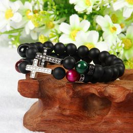 Bracelet Wholesale 10pcs/lot 8mm Matte Agate And Tiger Eye Stone Beads with Clear Cz Royal Cross Jesus Bracelet