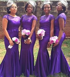 2017 South African Long Mermaid Purple Bridesmaid Dresses Fahsion Short Sleeve Beaded Bow Satin Floor Length Party Gowns Nigeria Custom Made