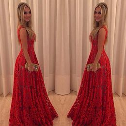 New Arrival Red Full Lace Prom Dresses 20107 Vintage A Line V Neck Evening Gowns Floor Length Celebrity Holiday Dresses