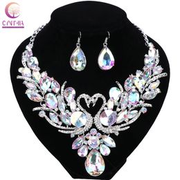 Wedding Gold Plated Chain Colourful Crystal Pendant Necklace Fashion Design Swan Jewellery Sets Necklaces Earring For Women