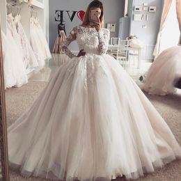 Handmade Vintage Puffy Wedding Dresses Bridal Gowns Bateau Neck Lace Applique Long Sleeve Birdal Dresses 2017 Cheap Plus Size Wedding Gowns