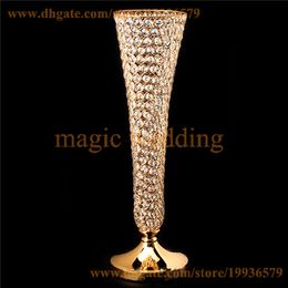 Real Crystal Beaded Metel Trumpet Flower Stands Silver Gold Vases for wedding Centrepiece Table Decortion