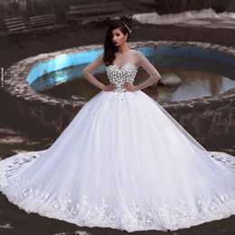 Crystal Beaded Tulle Wedding Gowns Illusion Jewel Sheer Long Sleeves Appliques Bridal Dresses Custom Made Luxury Said Mhamad Wedding Dresses