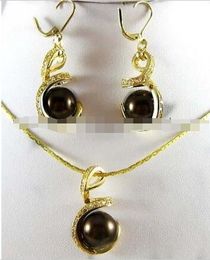 12mm Chocolate South sea Shell Pearl Earrings & Necklace Pendant Set 18"