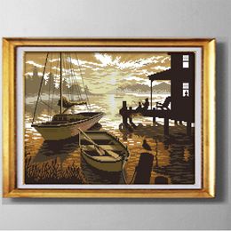 The sunset fishing Scenery , DIY handmade Cross Stitch Needlework Sets Embroidery kits paintings counted printed on canvas DMC 14CT /11CT