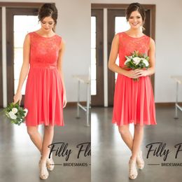 2019 Newest Country Short Bridesmaid Dresses Cheap Coral Chiffon And Lace V Shape Back Knee Length Western Wedding Guest Dress