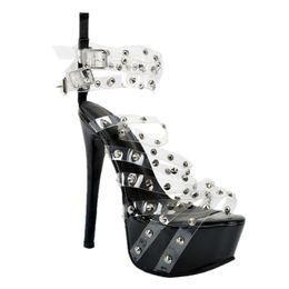 Kolnoo Womens Fashion PVC Leather Stud Rivet Buckle Open Toe Stiletto High Heel Dress Pumps Sexy Shoes Black XD254
