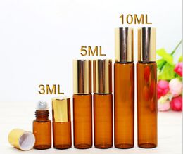 Gold Cap Roller Bottles 3ml 5ml 10ml Brown Glass Tube Roll-On Fragrance Perfume Bottles Portable ESSENTIAL OIL Roll On Bottle FreeDHL