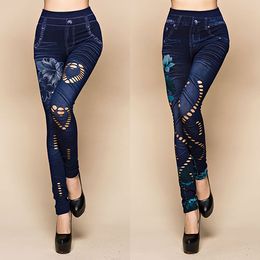 Wholesale- Women's Sexy Hollow Cut Elastic Pants Flower Print Skinny Jeans Denim Leggings smt 87