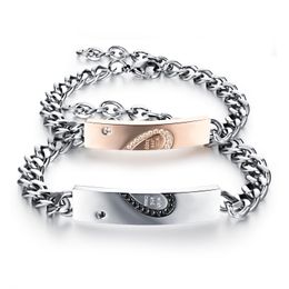 Delicate Wish Gift 316L Stainless Steel Curb Chain Heart Real Love Matching Couple Bracelet Jewelry with crystal