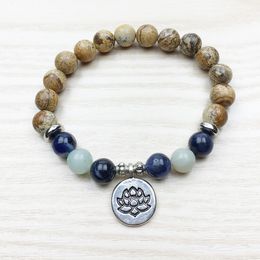 SN1010 Picture Jasper Yoga Bracelet Wrist Mala Beads Men Bracelet Nature Stone Jewelry Lotus Bracelet New Design Free Shipping