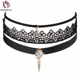 Wholesale- Danze 3 Pcs Set Steampunk Crystal Stone Pendant Leather Necklaces For Women Vintage Lace Choker Necklace Fashion Jewellery Collar