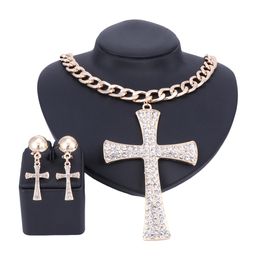 Ethiopian Cross Jewellery Set Gold Colour Crystal Rhinestone Necklace Earrings Africa Wedding Gifts Bride Decoration Jewellery