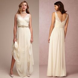 Cheap Lace Country Bridesmaids Dresses V Neck Pleated Wedding Guest Dress Floor Length Chiffon Maid Of Honour Gowns 407