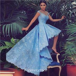 High Quality Lace High Low Prom Dress New Arrival Sky Blue Capped Sleeves Junior Party Gown Custom Made Plus Size