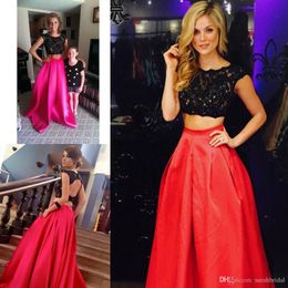 2019 Two Piece Long new Prom Dresses with Pockets Black Lace Crop special 12y Plus Size Customised 8th Grade Dance Teens Cheap Vestidos