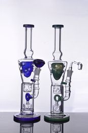 Blue green Glass Bongs Water Pipe percolator hookahs big 14 inches Recycler Perc 14mm joint bong Oil Rigs