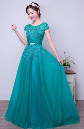 Turquoise Tulle A-line Long Modest Prom Dresses With Short Sleeves Beaded Crystals Elegant Formal Women Party Dresses Real Custom 229B