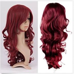 Women Lady Long Curly Hair Anime Cosplay Party Full Wig Wigs Wine Red Wigs