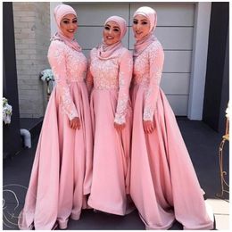 Muslim Long Sleeves Bridesmaid Dresses With Pockets Jewel Neck Lace Applique Long Birdesmaid Dresses Classic A-Line Satin Formal Prom Dress