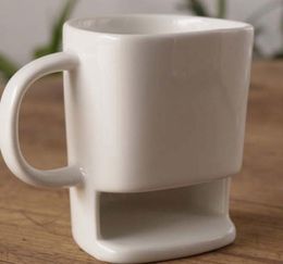 ot 250ML Ceramic Mug White Coffee Tea Biscuits Milk Dessert Cup Tea Cup Side Cookie Pockets Holder For Home Office