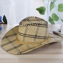 Men Plaid Straw Cowboy Hat With Rope Women Wild Brim Western Cap Chin Strap Cowgirl Sun Hats Summer Unisex Caps UV Protection
