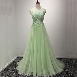 Charming Mint Green Prom Dresses Long Formal Evening Party Gowns Sheer Neck Beaded Lace Appliques Tulle Formal Wear with Sweep Train