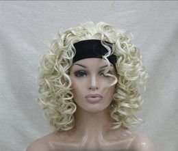 Wholesale free shipping >>2017 Ladies Bleach Blonde Curly Spiral Half Headband Cosplay Hair Wig + Wig Cap