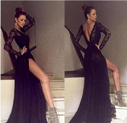 High Split Black Lace Prom Dresses Sexy Backless V Neck Evening Gowns Long Sleeve Celebrity Dresses Long Party Dress Pageant Custom Made