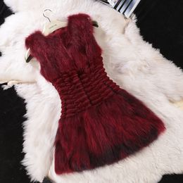 New winter fashion women's o-neck sleeveless real natural raccoon fur vest coat medium long cotton-padded slim waist casacos SMLXLXXL
