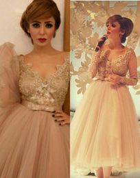 2019 Tea Length Short Prom Dress Champagne V Neck Tulle Long Sleeves Lace Arabic Evening Party Gown Plus Size vestidos de festa