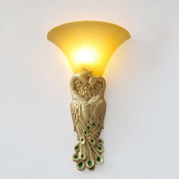 Antique Engraved Golden Resin Phoenix Living Room Wall Lights Bedroom Bedside Wall Sconce Hotel Lobby Corridor Staircase Balcony Wall Lamps