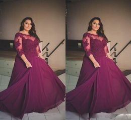 Plus Size 2017 Burgundy Evening Dresses Applique Half Long Sleeve Prom Gowns Sheer Neck Chiffon A Line Formal Party Dresses Custom Made