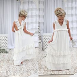 Lovely Boho Flower Girl Dresses A Line V Neck Sleeveless Lace Appliques Chiffon Long Kids Gown for Beach Weddings Open Back Custom