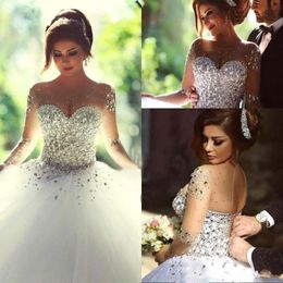 Abiti da sposa a maniche lunghe con strass primaveri di abiti da quinceanera primaverile Cristalli da sposa vintage abito da ballo senza schienale Vestidos De250x