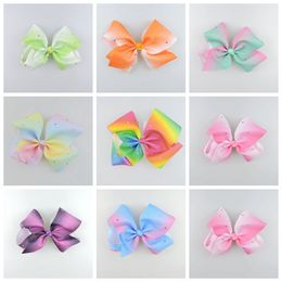 100pcs baby girl Jewelled Pastel ombre ribbon 18cm Signature hair bows clips Rainbow Rhinestone Dance Cheerleader Pageant Accessories HD3474