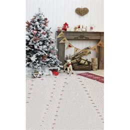 Indoor House Christmas Fireplace Backdrop White Wall Decorated Snow Pine Tree Vintage Carpet Printed Kids Children Photo Shoot Background