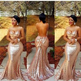 Rich Turkey Sequined Mermaid Prom Dresses Open Back 2017 Spaghetti Straps Plus Size Evening Dresses with Bow Sexy Backless Robe De Soiree