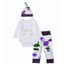 Baby Girl Clothing Set Xmas Cute Heart Mama Letter Rompers+Purple Floral Pants+Flower Hat 3Pcs Sets Girls Clothes Autumn Newborn Clothing