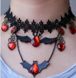 Holloween Party Jewelry Vintage Lace Flower Bat Crystal Pendant Red Rhinestone Crystal Necklaces Black Lace Choker Necklace