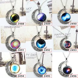 Wholesale Galaxy Constellation Zodiac Sign Glass Cabochon Necklace Ancient Silver Crescent Moon Pendant Fashion Jewlery For Women Gift Free