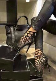 2017 new women gladiator sandals boots thin heel cuts out booties point toe boots mujer botas party shoes ladies spike stud boots women