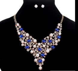 Luxury Earring And Necklace Pearl Rhinestones Crystal Set for Brides Bridesmaid Bling Stone Necklaces Fashion Party Jewelry Colorful Set