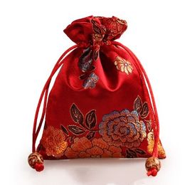 Thicken Peony Flower Small Drawstring Cloth Bag Silk Brocade Jewellery perfume Makeup Tools Storage Pouch Candy Tea Favour Bags Packaging