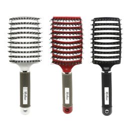 3 Colors Available Curved Boar Bristle Hair Brush Scalp Massage Hairdressing Comb Non-slip Rubber Handle With Maganet