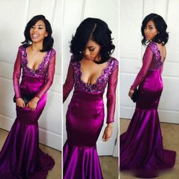 Grape Purple Mermaid Prom Dresses Sexy Deep Neck Sheer Long Sleeves Satin Evening Gowns v Back Floor Length African Style Formal Party Dress