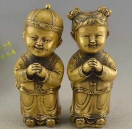 Antique De Cuivre En Laiton Golden Boy Et Jade Fille Féliciter Figurine Paire