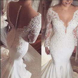2019 Mermaid V-neck Long Sleeve Wedding Dress Luxury Dubai Applique Bridal Gown Plus Size Custom Made